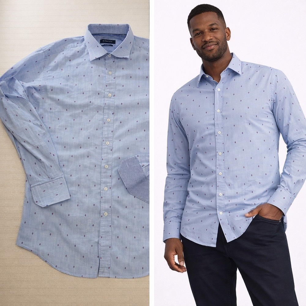 Bugatchi‎ Mens Classic Fit Light Blue Slub Diamond Print Button Down Shirt L
